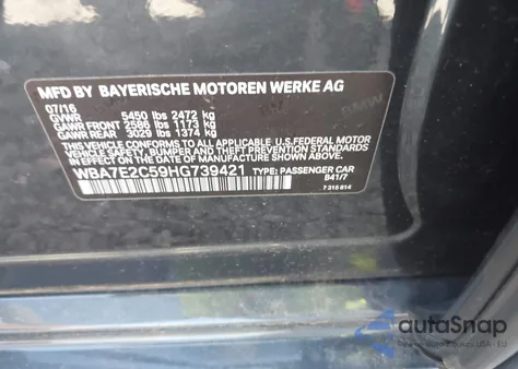 2017 BMW 740I из США, поврежденный, VIN WBA7E2C59HG739421